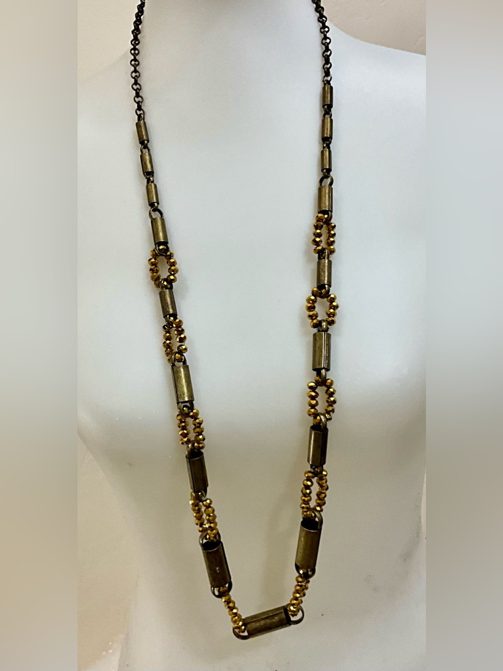 Vintage Brutalist Bold Brass Tone Tube Faceted Bead Long Necklace Geometric 40”